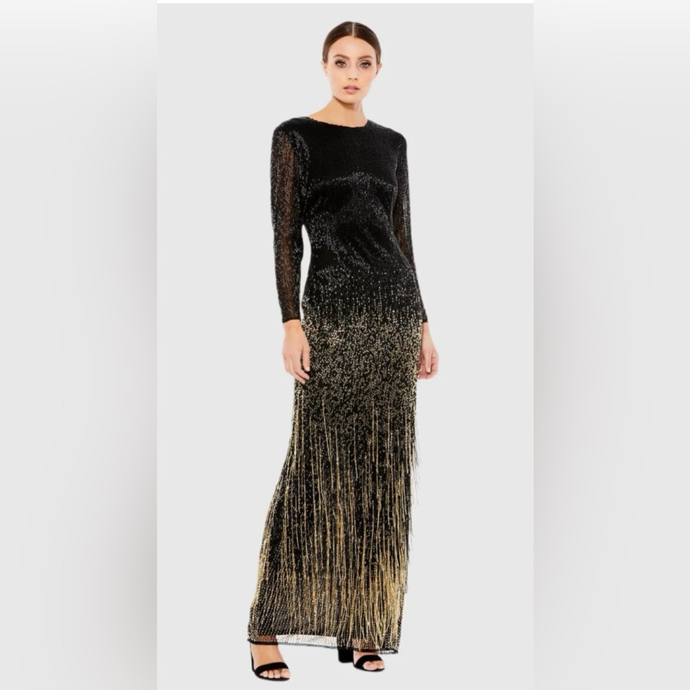Long Sleeve Beaded Fringe Evening Gown Size 4 Color Black Gold